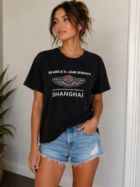 Shanghai Graphic T Shirt Black Oversized Y2K Biker 2XL